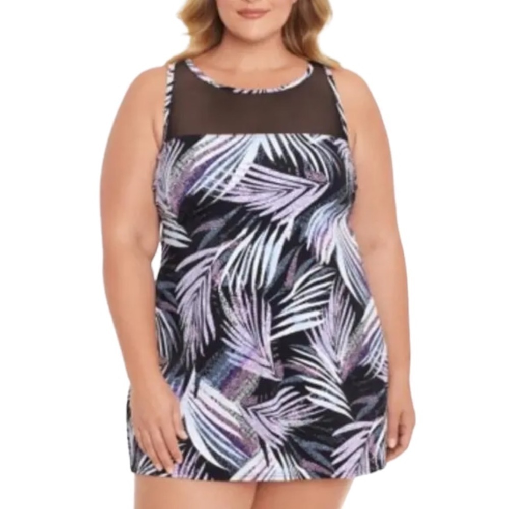 Swim Solutions Plus Sprinkle Leaf Tummy-Control Mesh 1 Piece Swimdress Swimsuit